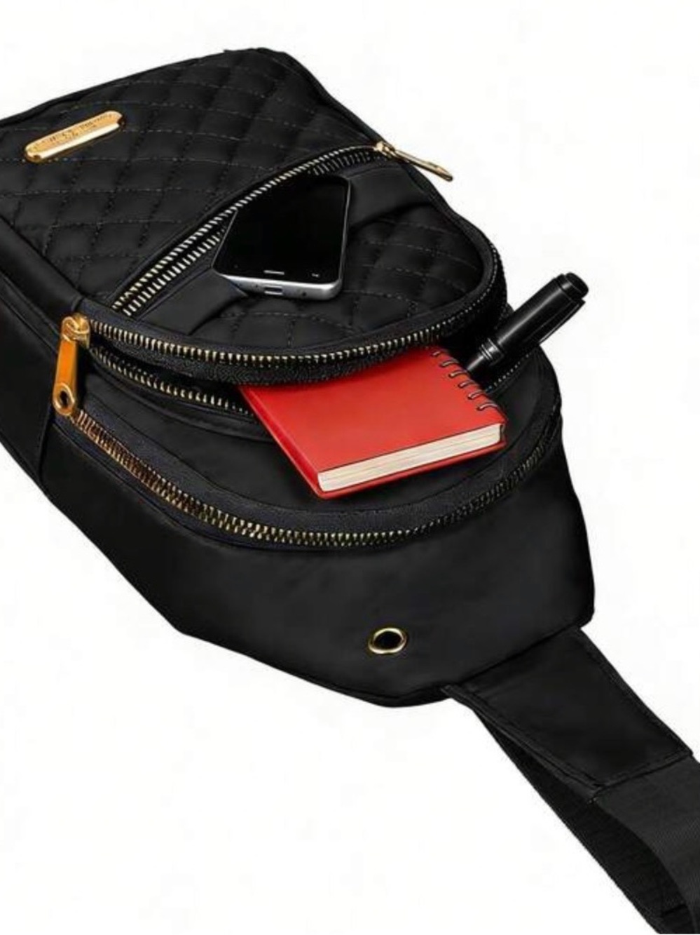 Black Quilted Sling Bag with Gold Hardware - Picture 3 of 3